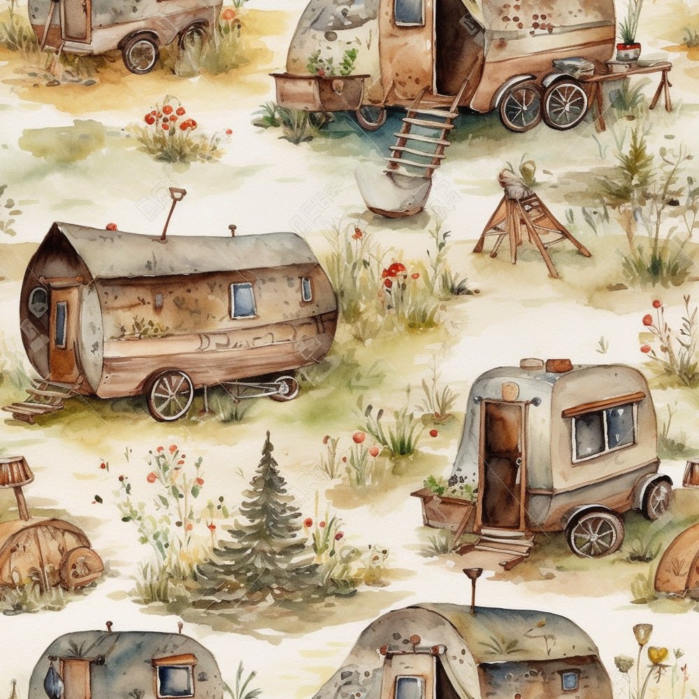 Watercolor Camping Pattern #3 Fabric