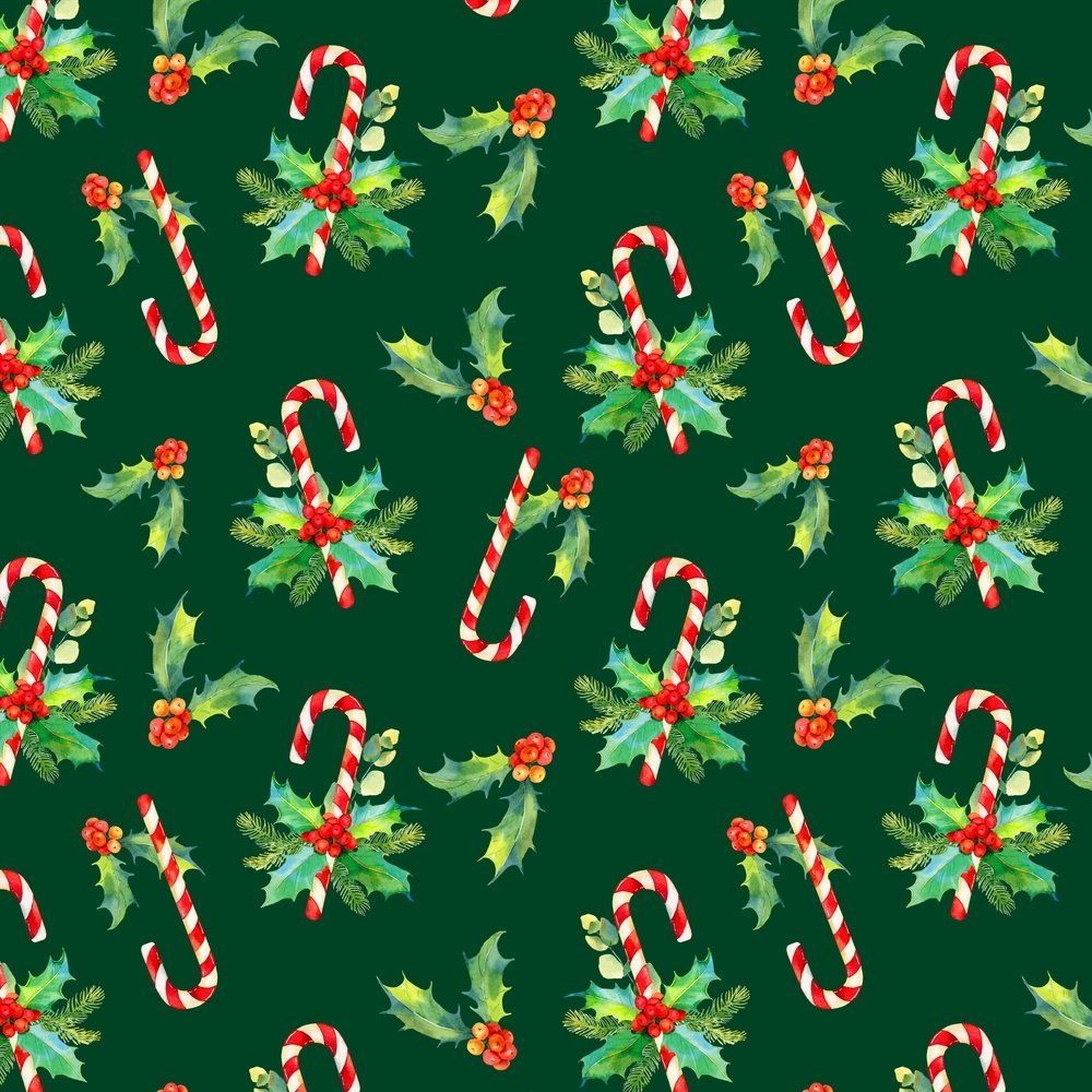 Watercolor Candy Canes & Mistletoe Fabric - Green