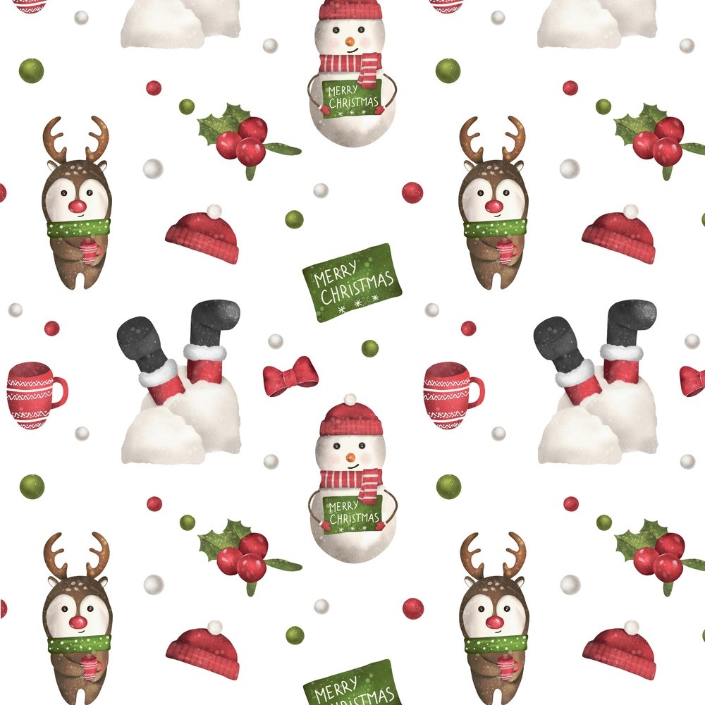 Watercolor Christmas Characters Fabric - White