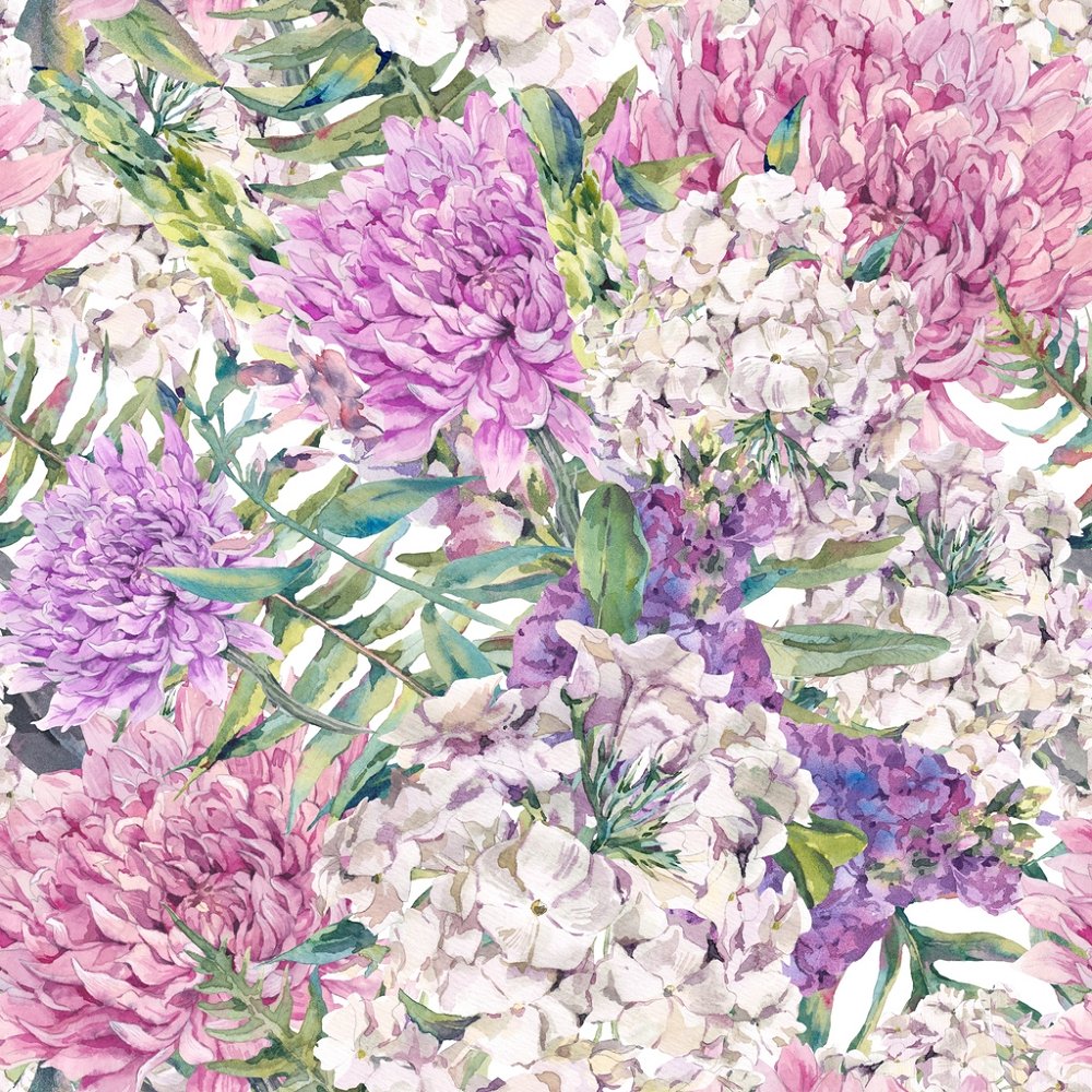 Watercolor Chrysanthemum Bouquet Fabric - Multi