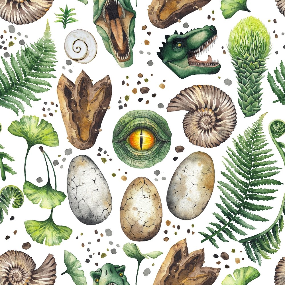 Watercolor Prehistoric Items Fabric - White