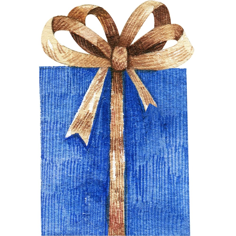 Watercolor Present with Brown Ribbon Fabric Panel - Blue