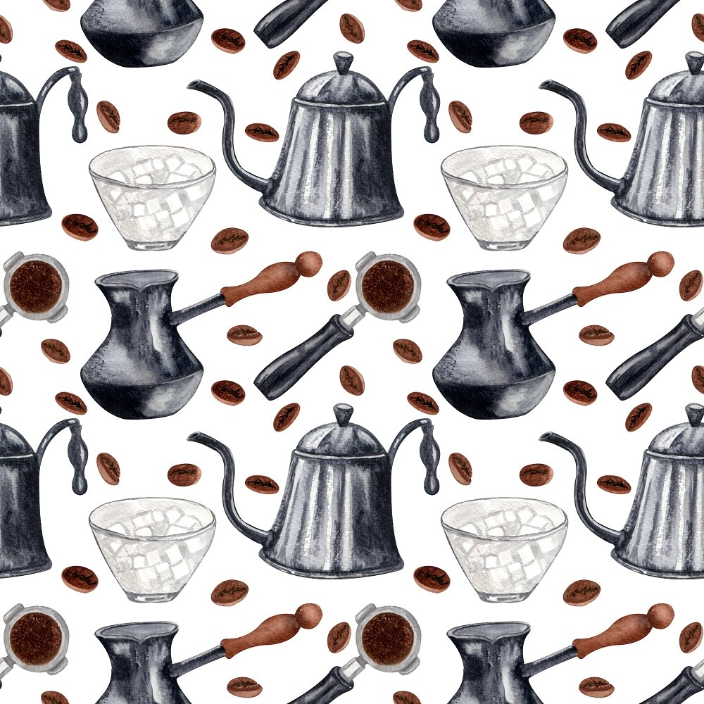 Coffee Elements and Beans Fabric - White