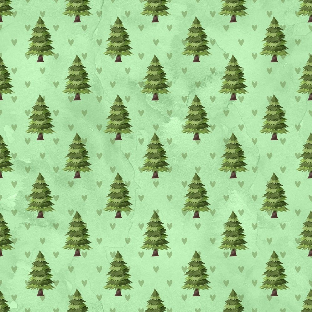 Watercolor Pine Trees Green Hearts Fabric - Green