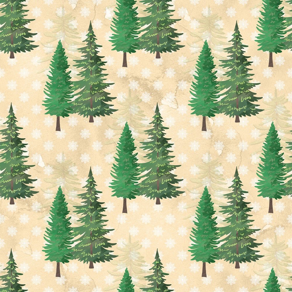 Watercolor Pine Trees on Snowflakes Fabric - Tan