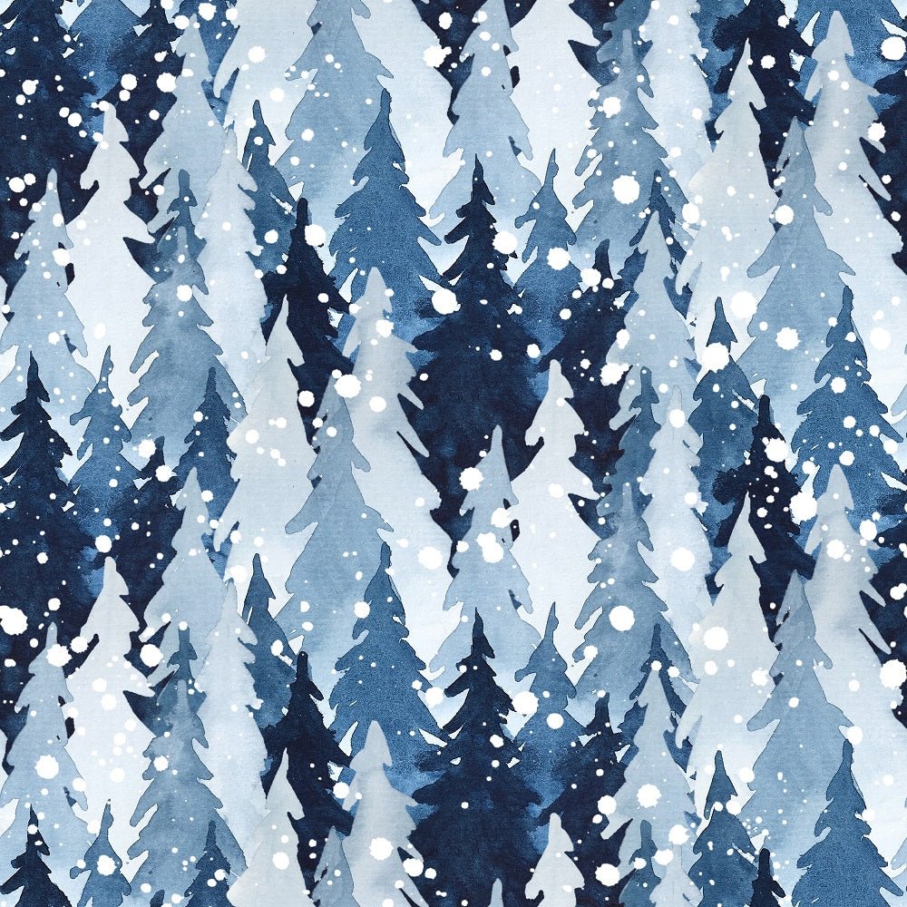 Watercolor Pine Trees & Snow Fabric - Blue
