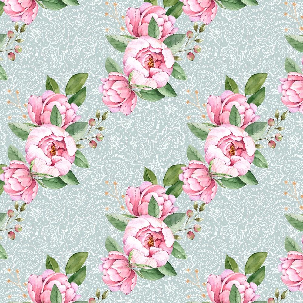 Watercolor Pink Peonies On Paisley Fabric - Green