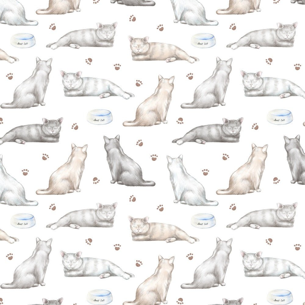 Watercolor Sleepy Kitten & Paw Prints Fabric