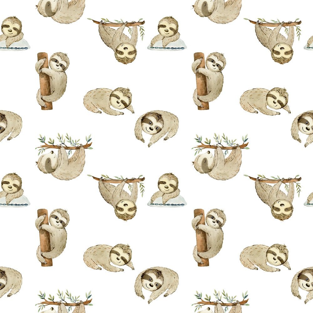 Watercolor Sloths Allover Fabric - White