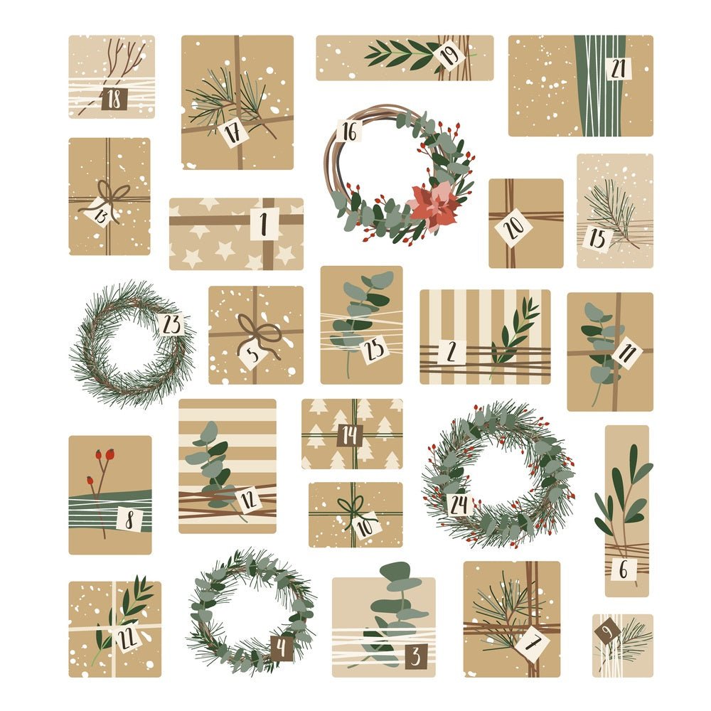 Christmas Wreaths and Kraft Paper Advent Calendar Fabric Panel