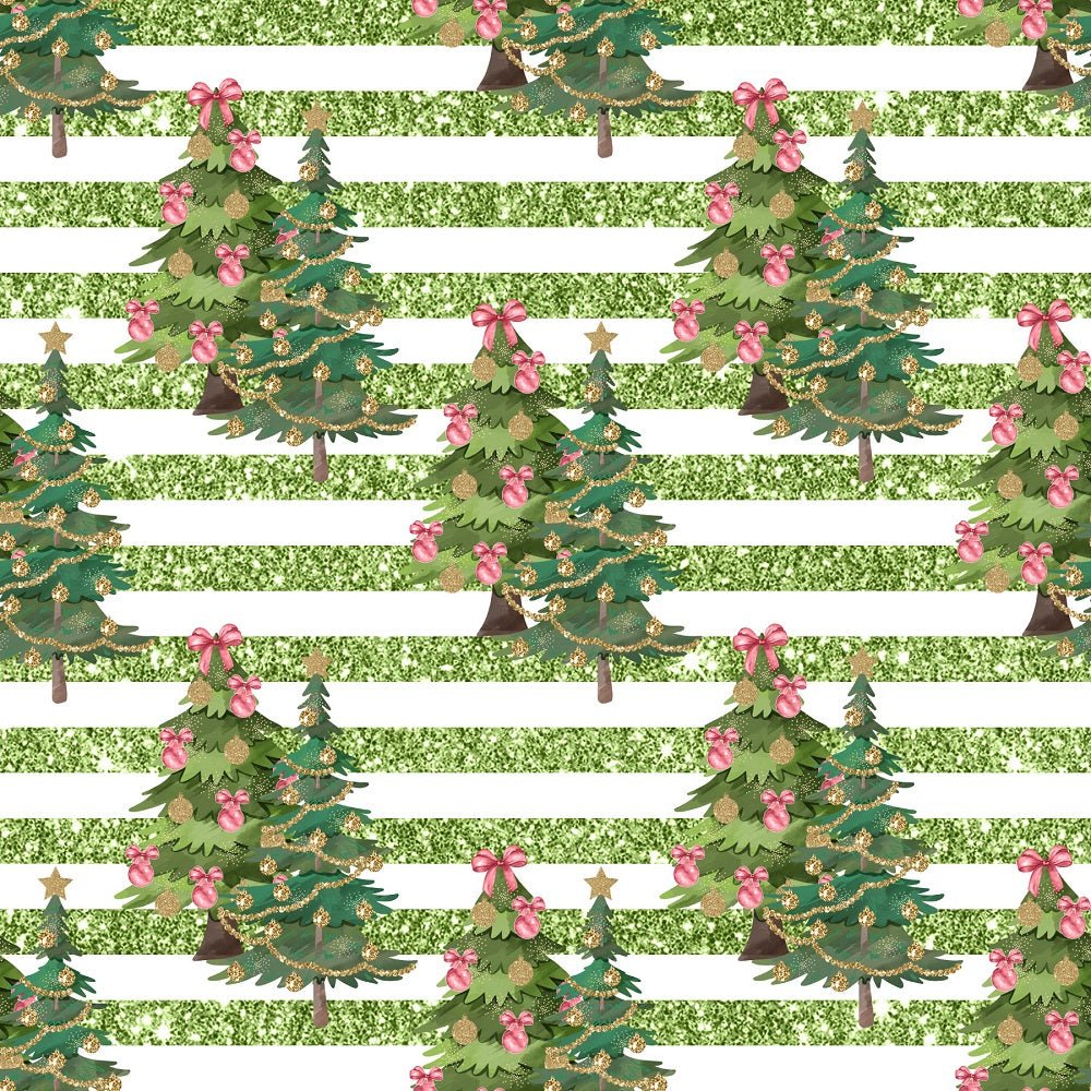 Christmas Trees on Horizontal Stripes Fabric - Green
