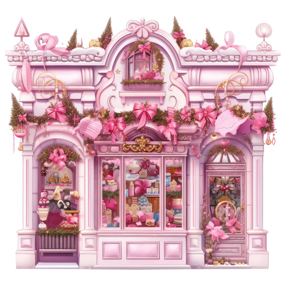 Christmas Luxury Antique Storefront Fabric Panel - Pink