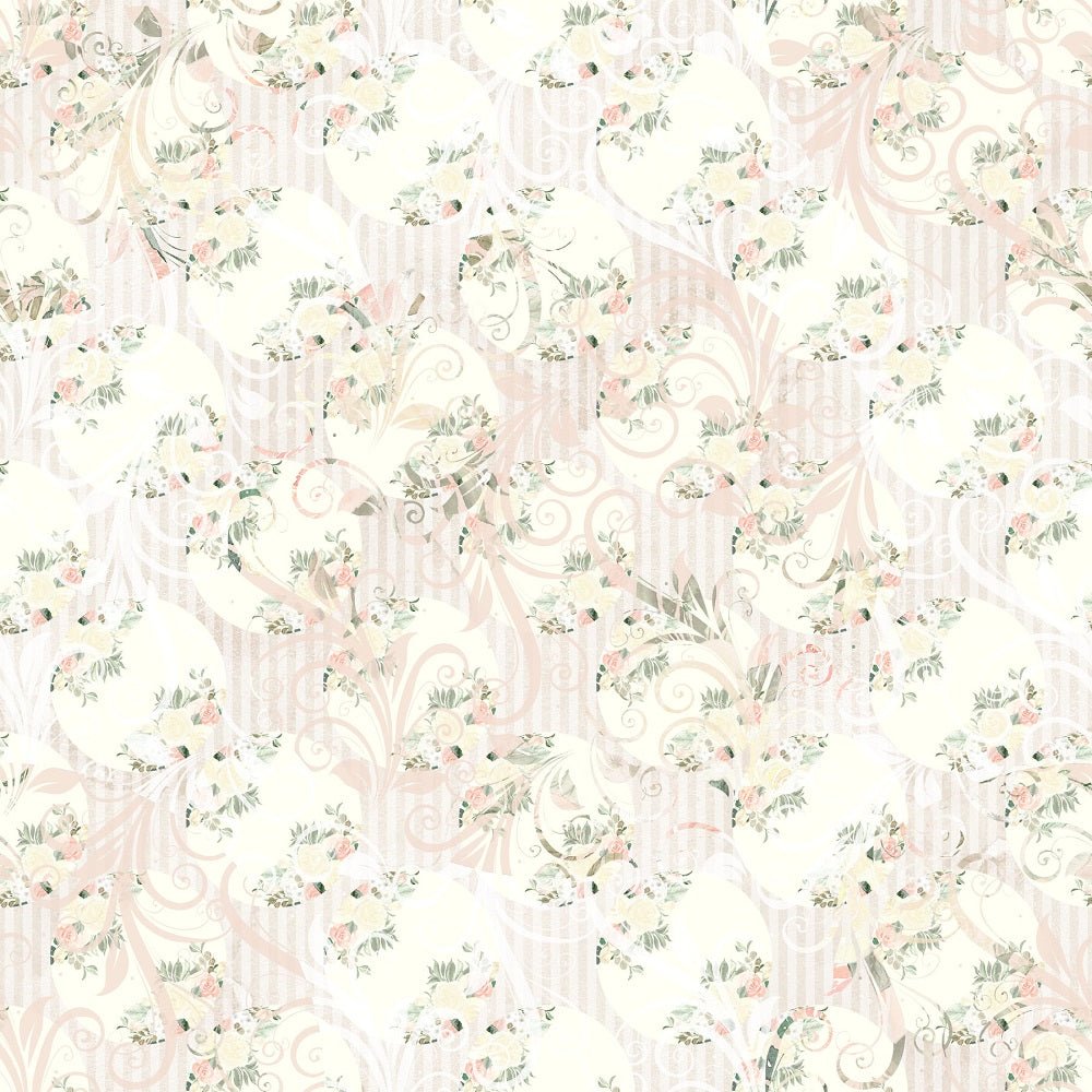Watercolor Roses Floral on Stripes Fabric - Tan