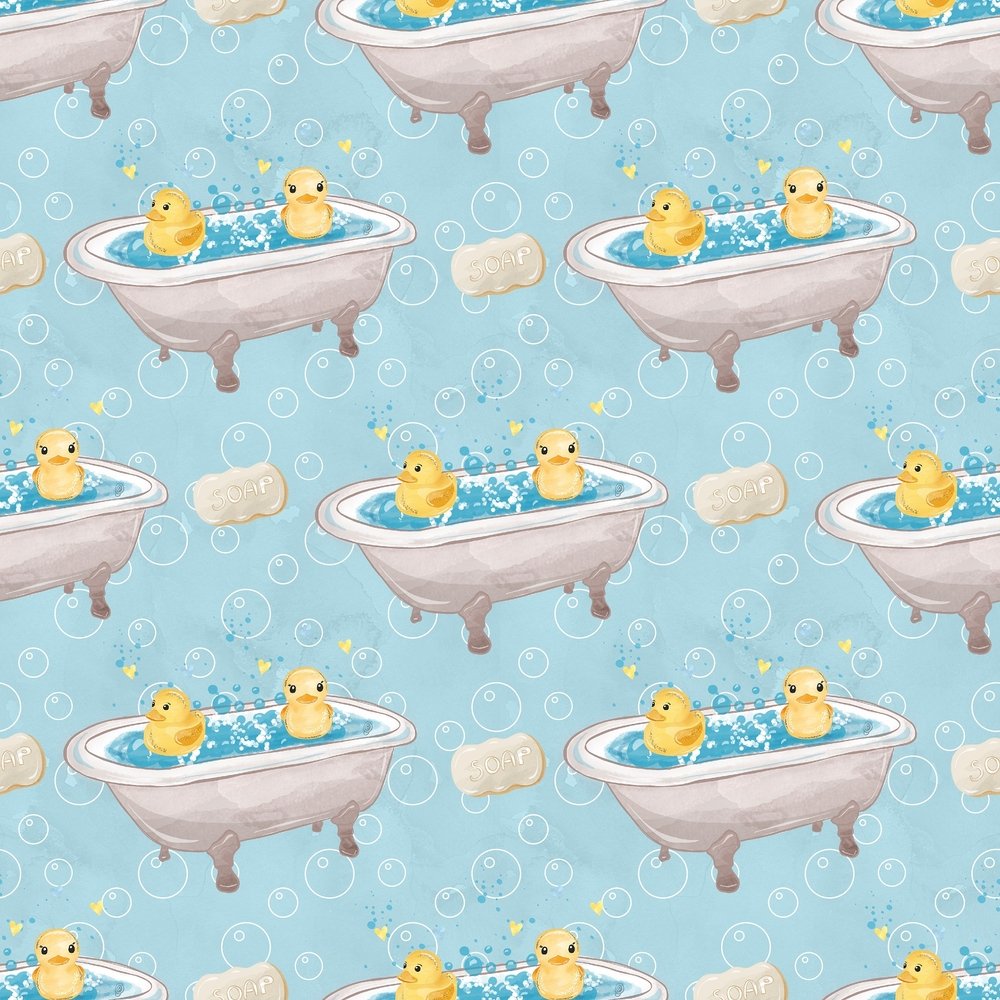 Watercolor Rubber Ducks 6 on Bubbles Fabric - Blue