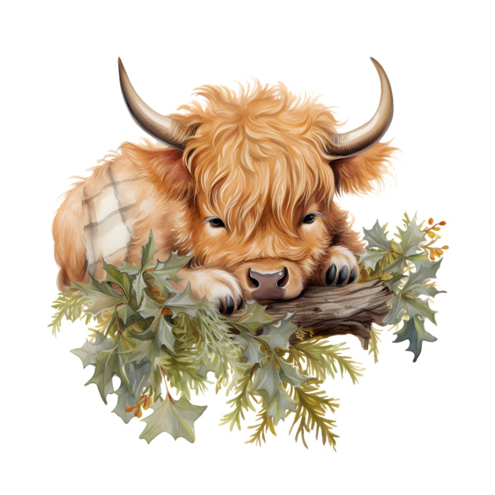 Christmas Highland Cow & Plants #2 Fabric Panel