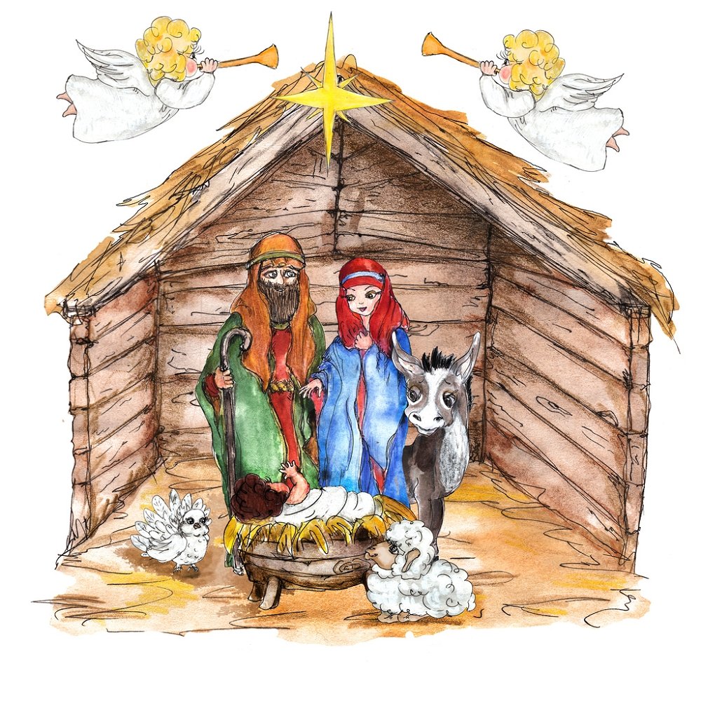 Watercolor Nativity Scene Fabric Panel