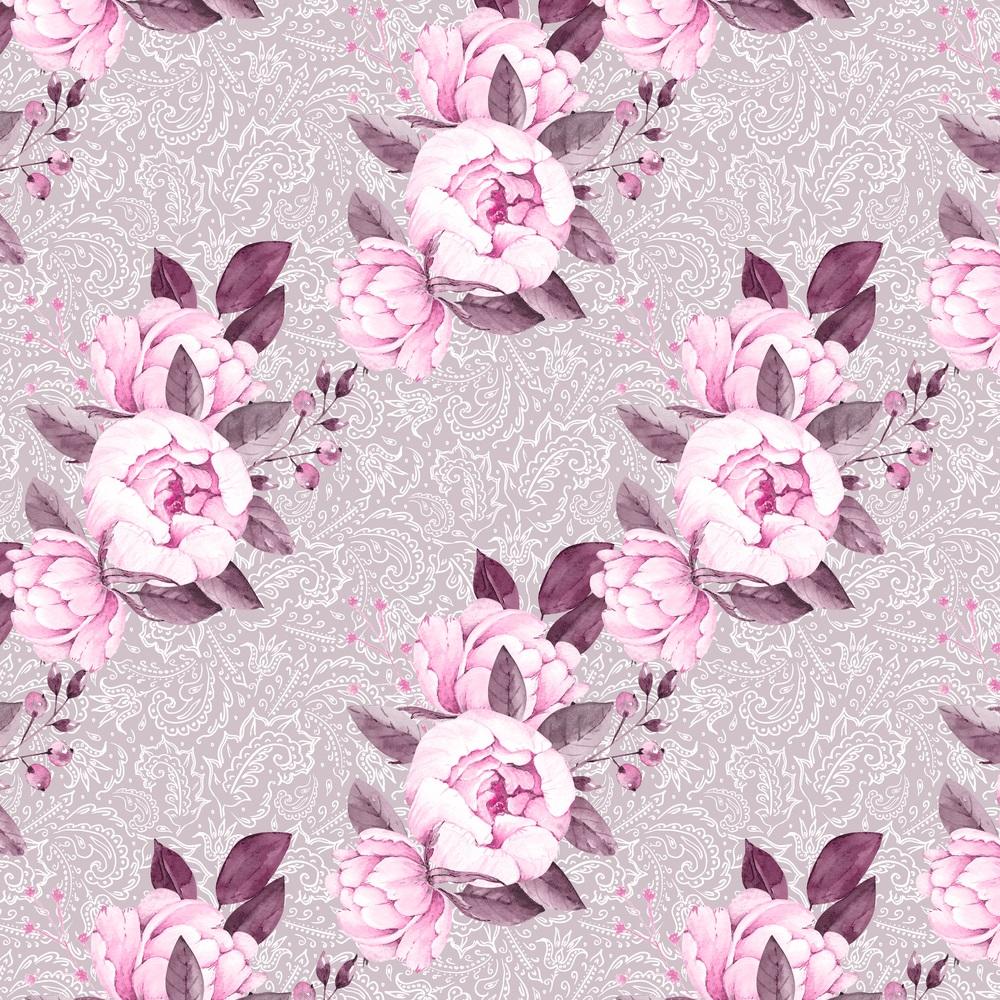 Watercolor Pink Peonies On Paisley Fabric - Gray