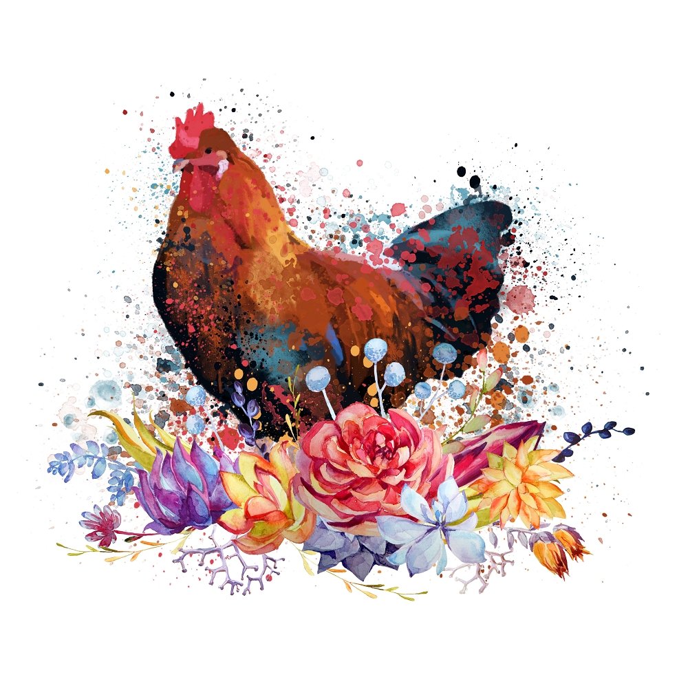 Watercolor Rooster with Flowers Fabric Panel