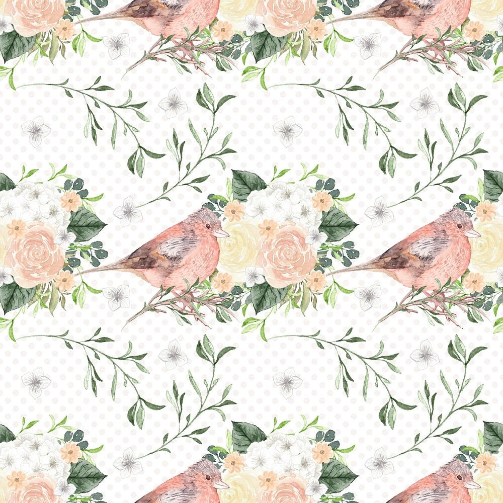 Watercolor Roses and Birds on Dots Fabric - White