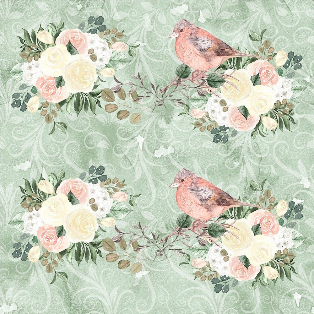 Watercolor Roses and Birds on Grunge Fabric - Green