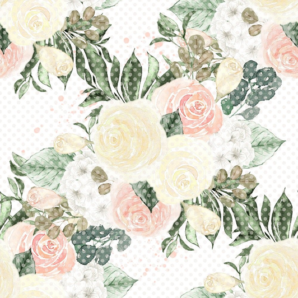 Watercolor Roses Bundles on Dots Fabric - White