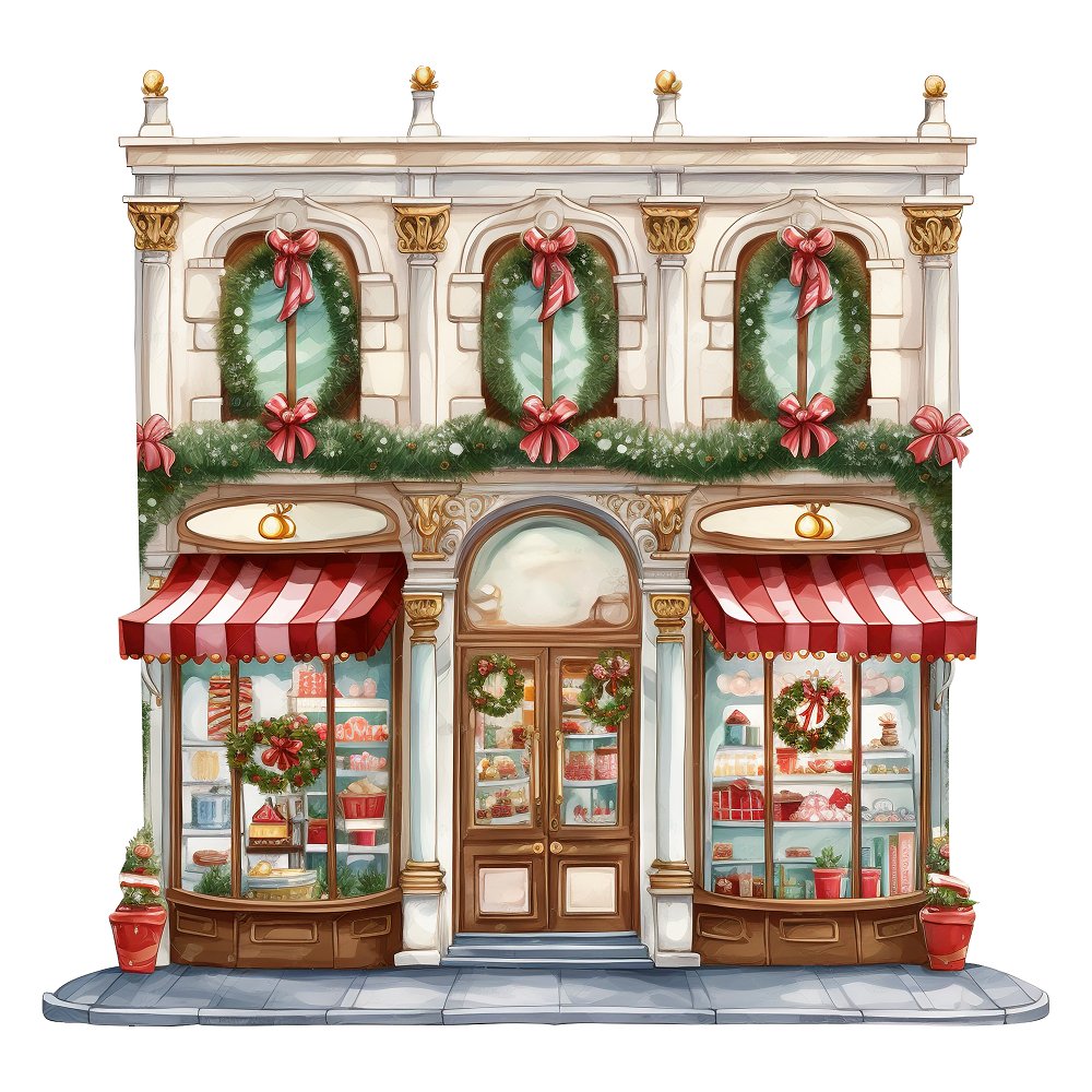 Christmas Bakery Storefront Fabric Panel
