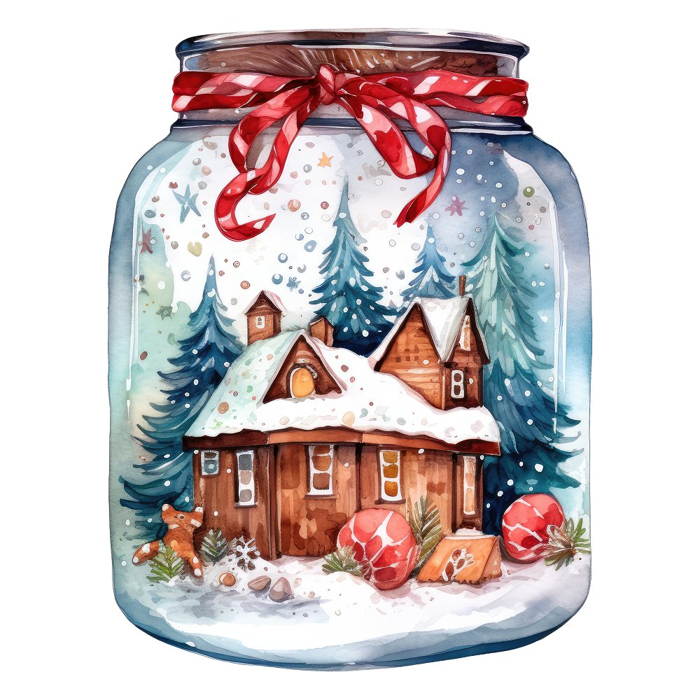 Christmas Cabin with Snow in a Jar Fabric Panel