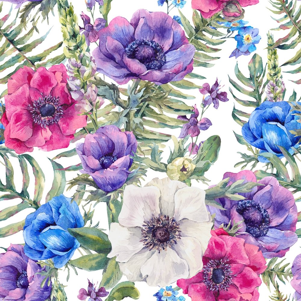 Watercolor Anemones Flowers Fabric - Multi
