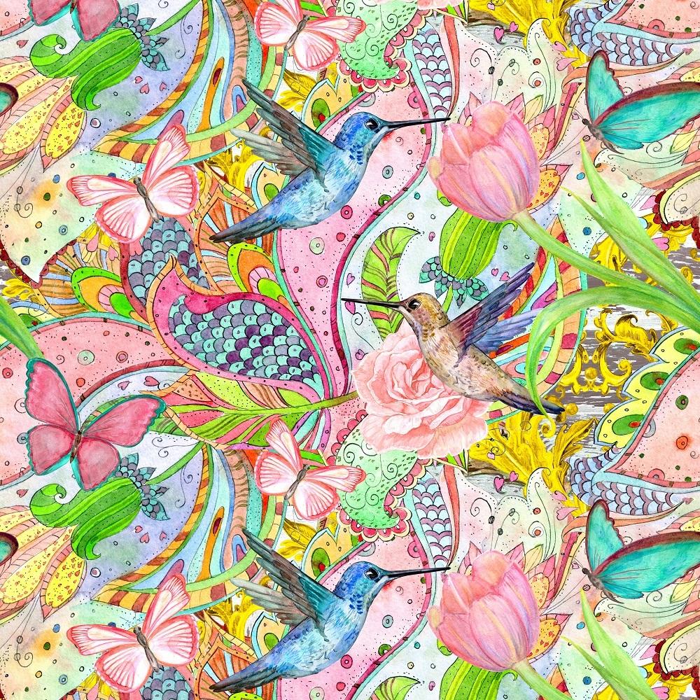 Watercolor Bright Hummingbirds & Flowers Fabric