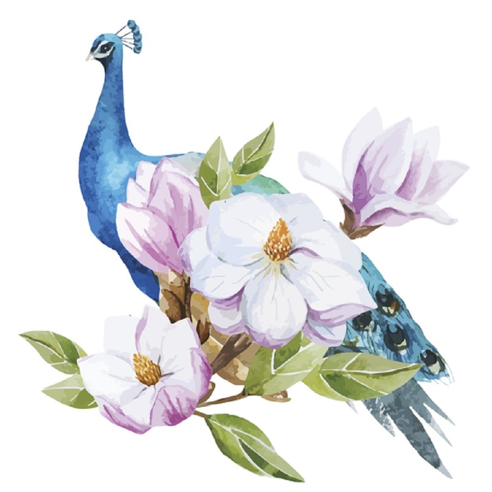 Watercolor Magnolia & Peacock Fabric Panel - White