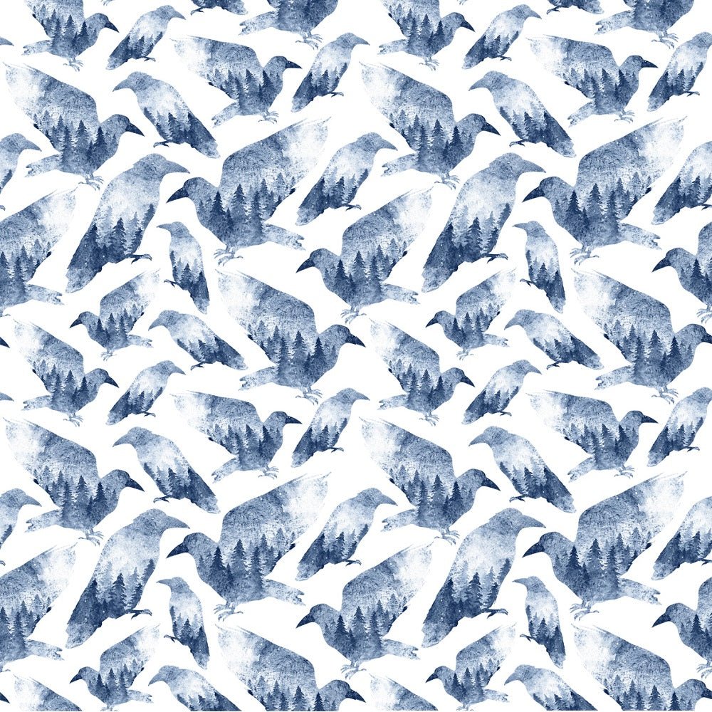 Watercolor Monochrome Ravens Fabric - White