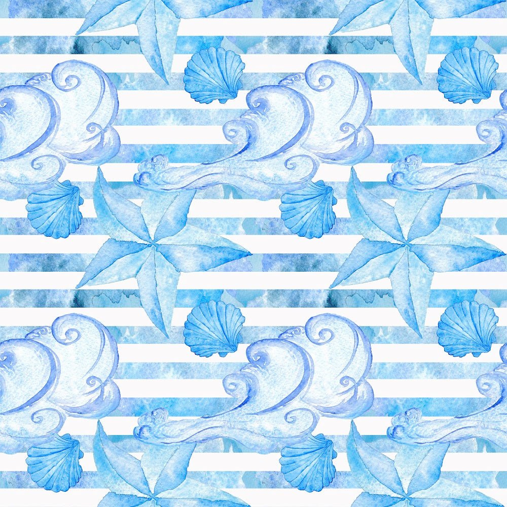 Watercolor Nautical Elements on Stripes Fabric