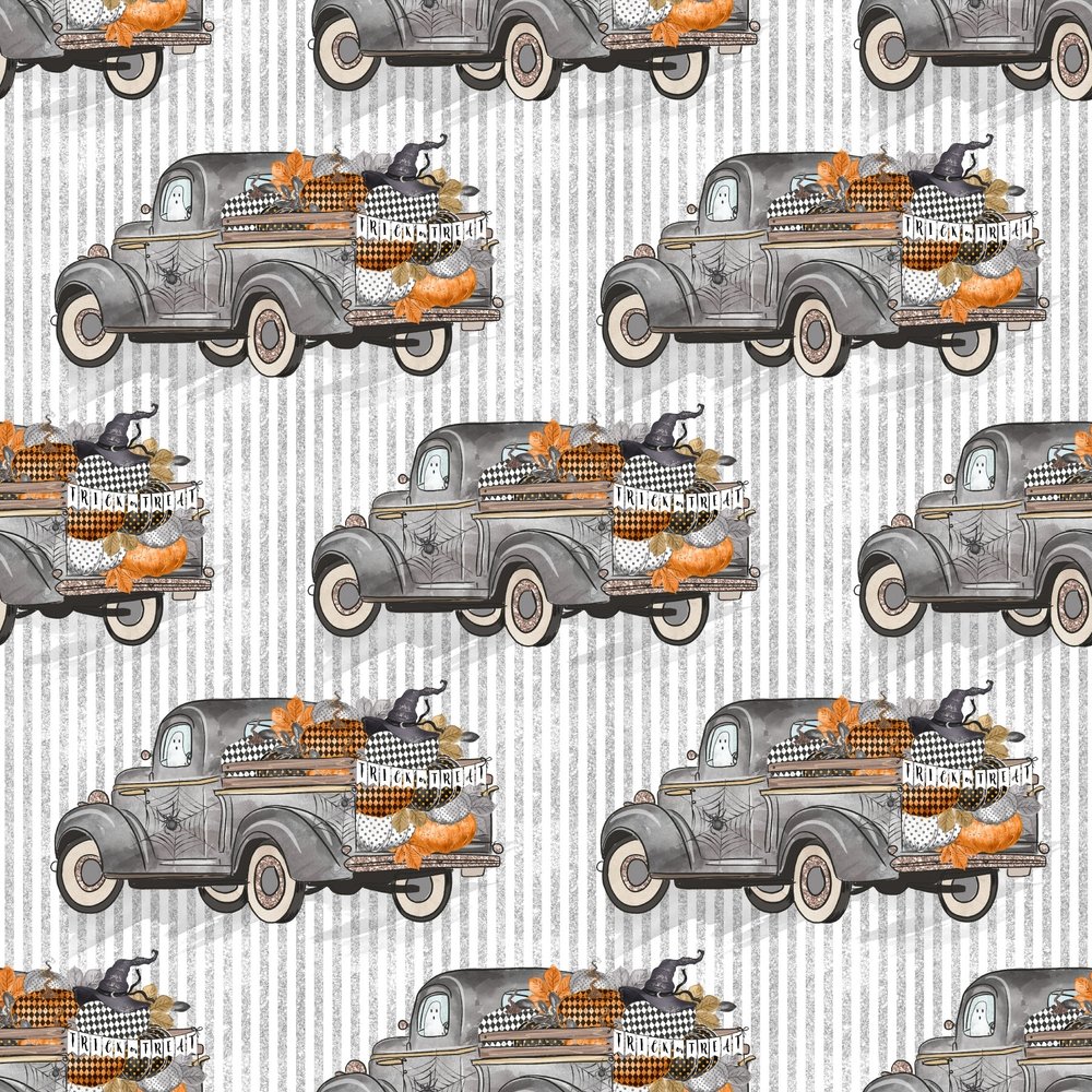 Vintage Trick or Treat Trucks on Gray Stripes Fabric