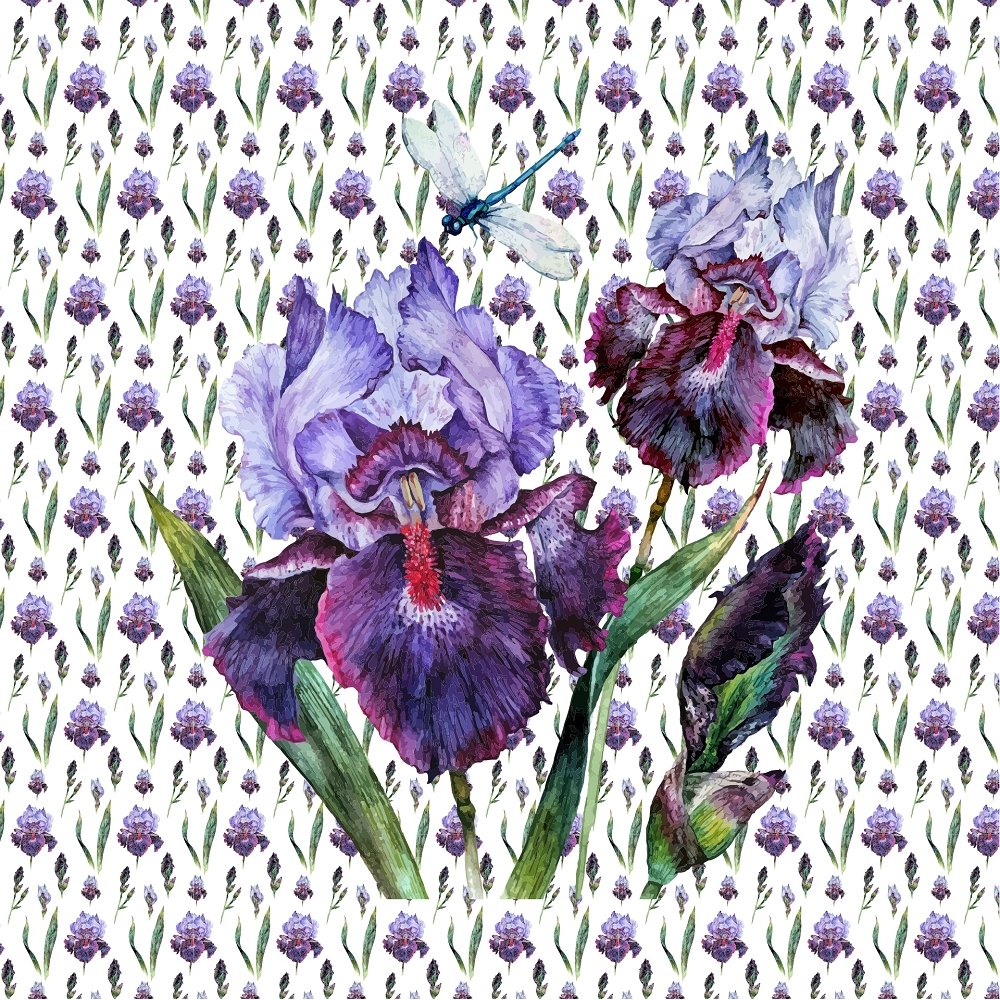 Watercolor Dragonfly and Allover Iris Pillow Panels
