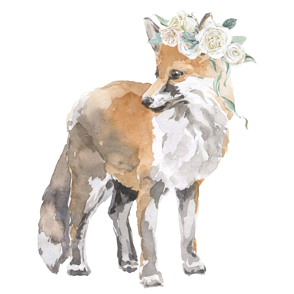 Watercolor Floral Fox Fabric Panel