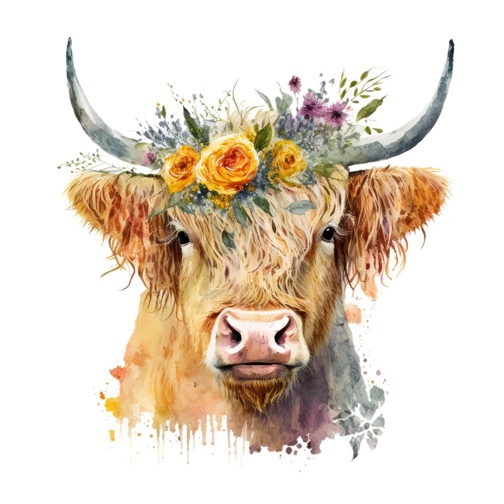 Watercolor Floral Highland Cow #2 Fabric Panel
