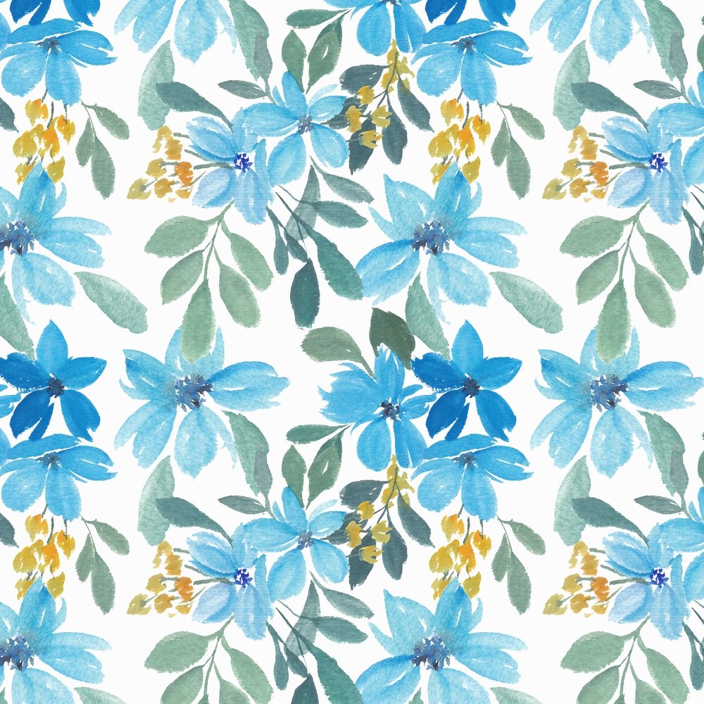 Watercolor Floral Petal Pattern Fabric - Blue