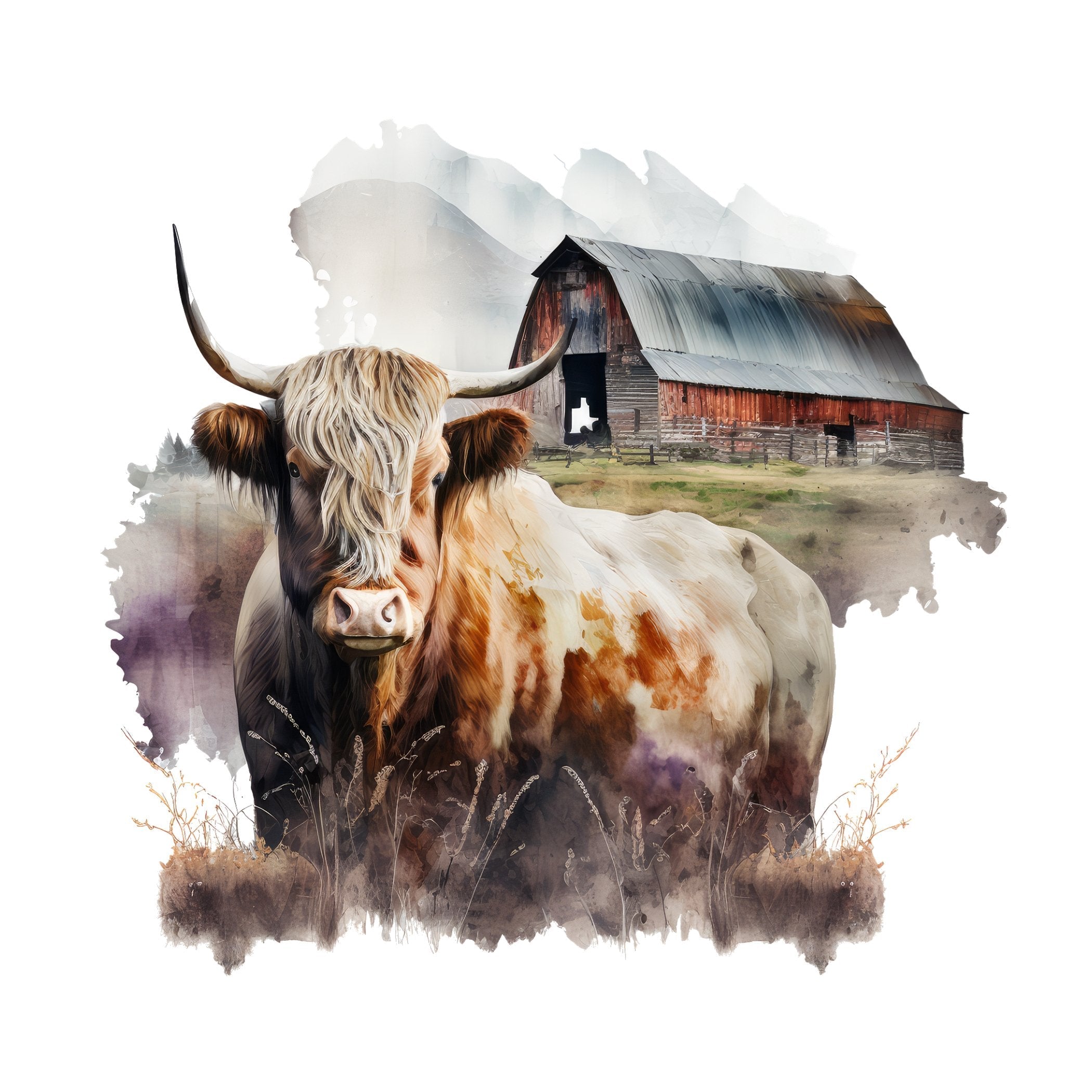 Watercolor Highland Cow Scene #15 Fabric Panel