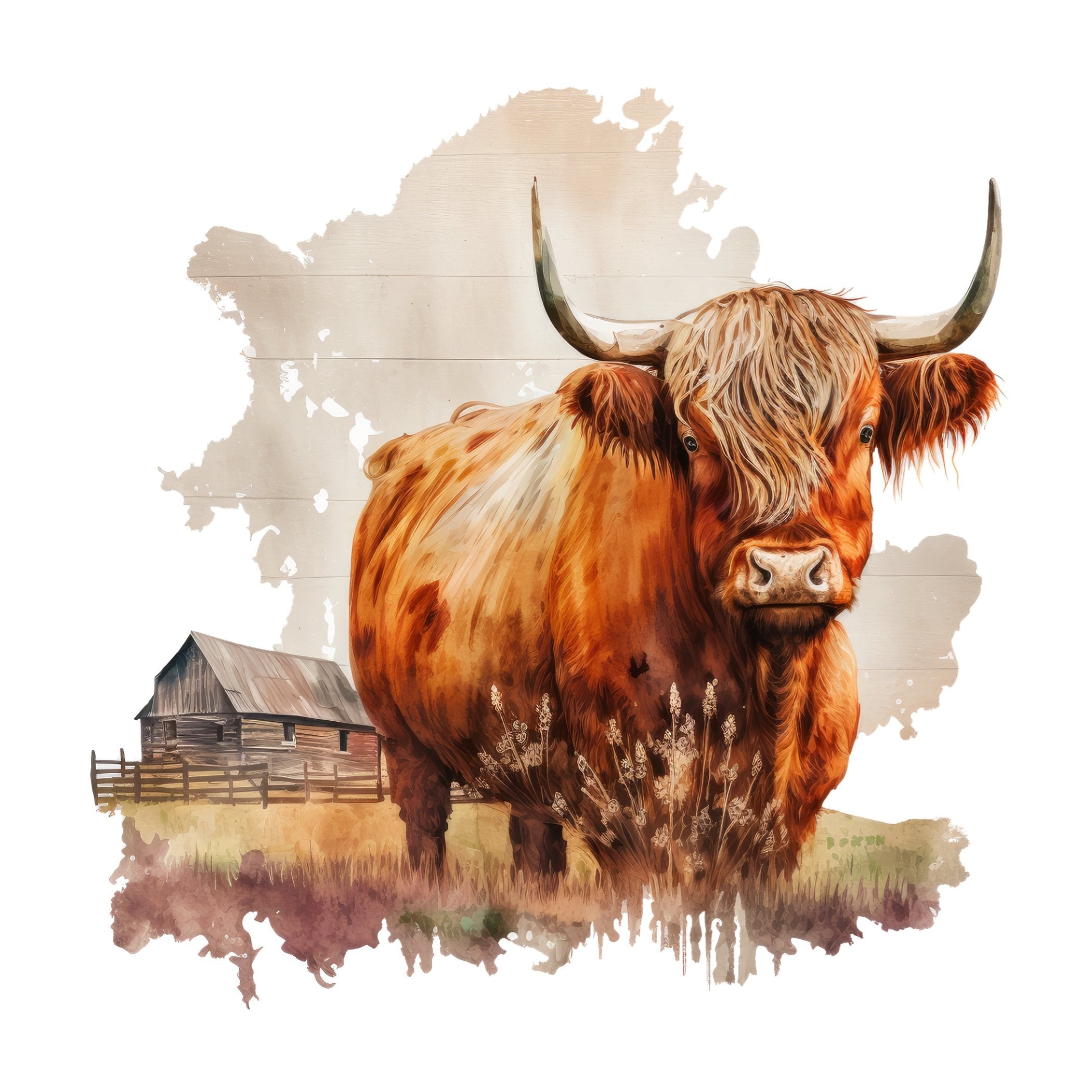 Watercolor Highland Cow Scene #8 Fabric Panel