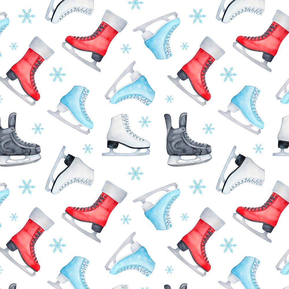 Watercolor Ice Skates & Snowflakes Fabric