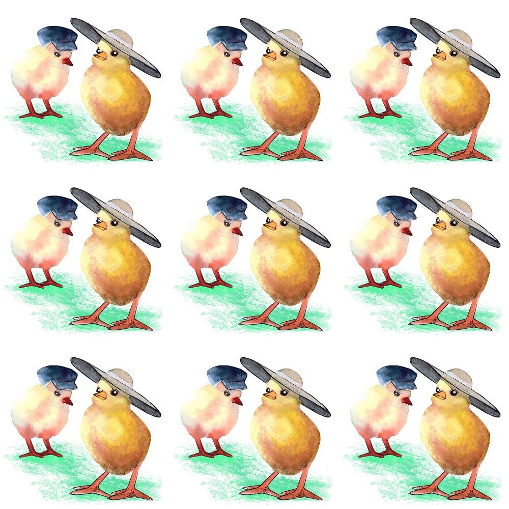 Watercolor In Grass Chickens Wearing Hats Fabric