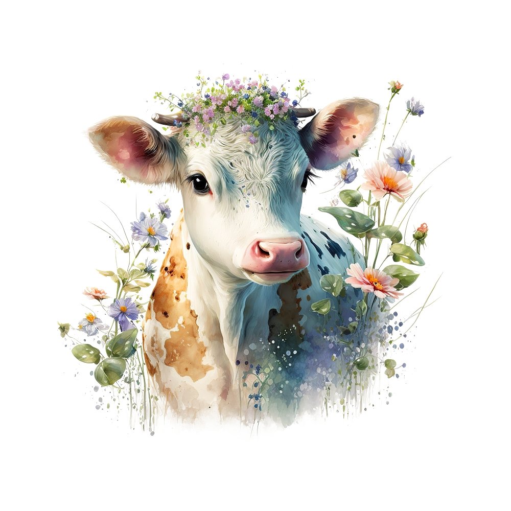 Watercolor Cows & Flowers #1 Fabric Panel