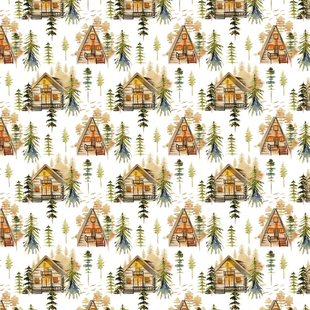 Watercolor Cozy Cabins Fabric