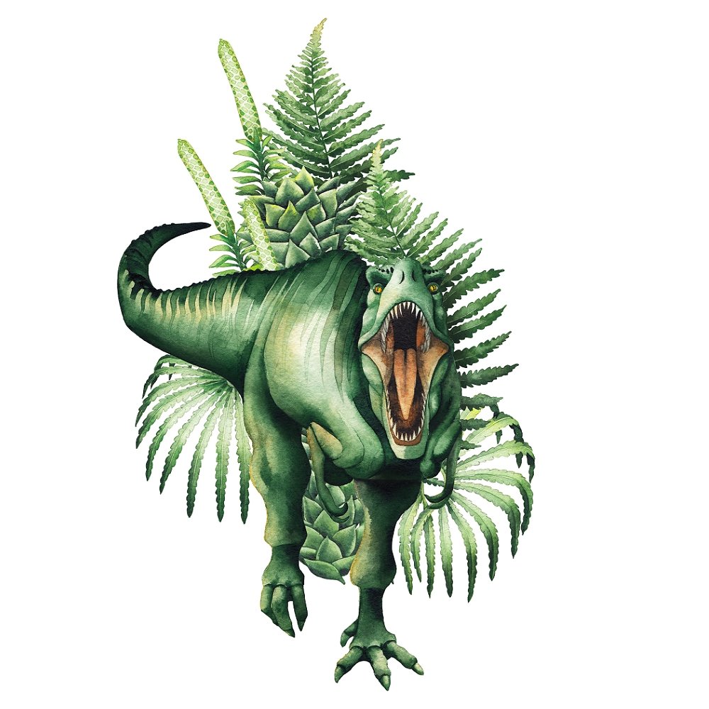 Watercolor Dinosaur T-Rex Front with Plants Fabric Panel