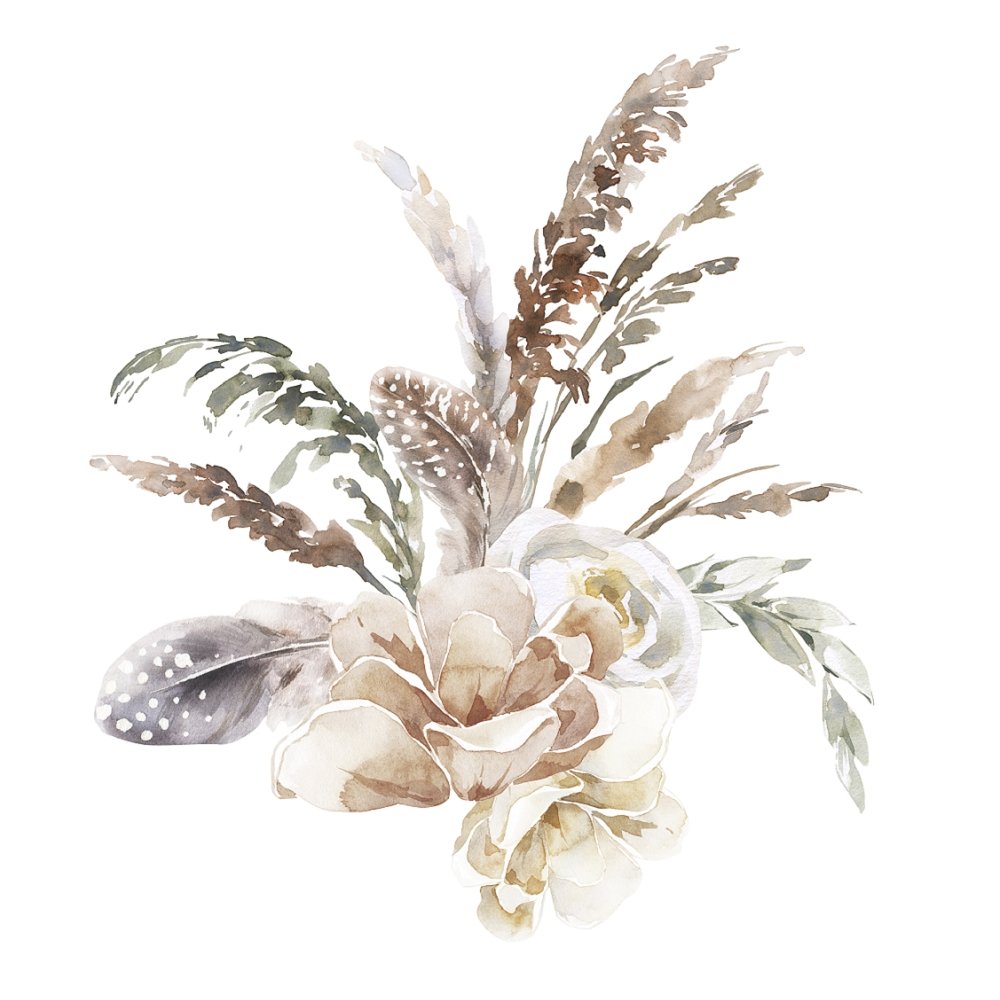 Watercolor Fluffy Animals Floral Bouquet Fabric Panel - Naturals