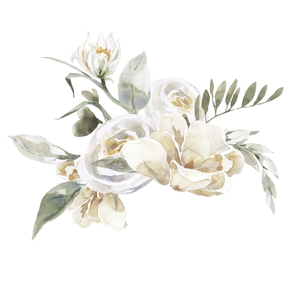 Watercolor Fluffy Animals Floral Bouquet Fabric Panel - White