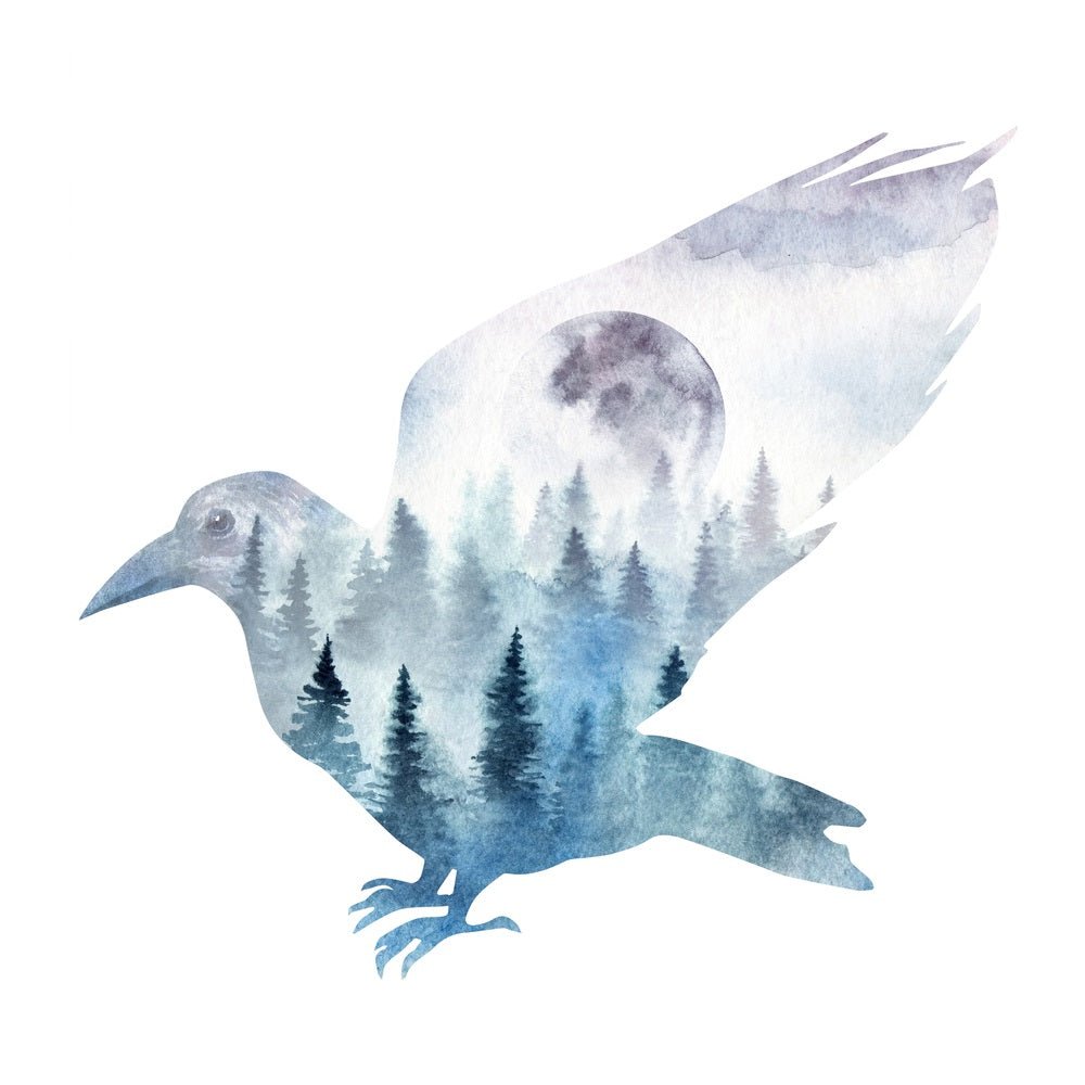 Watercolor Flying Raven Fabric Panel