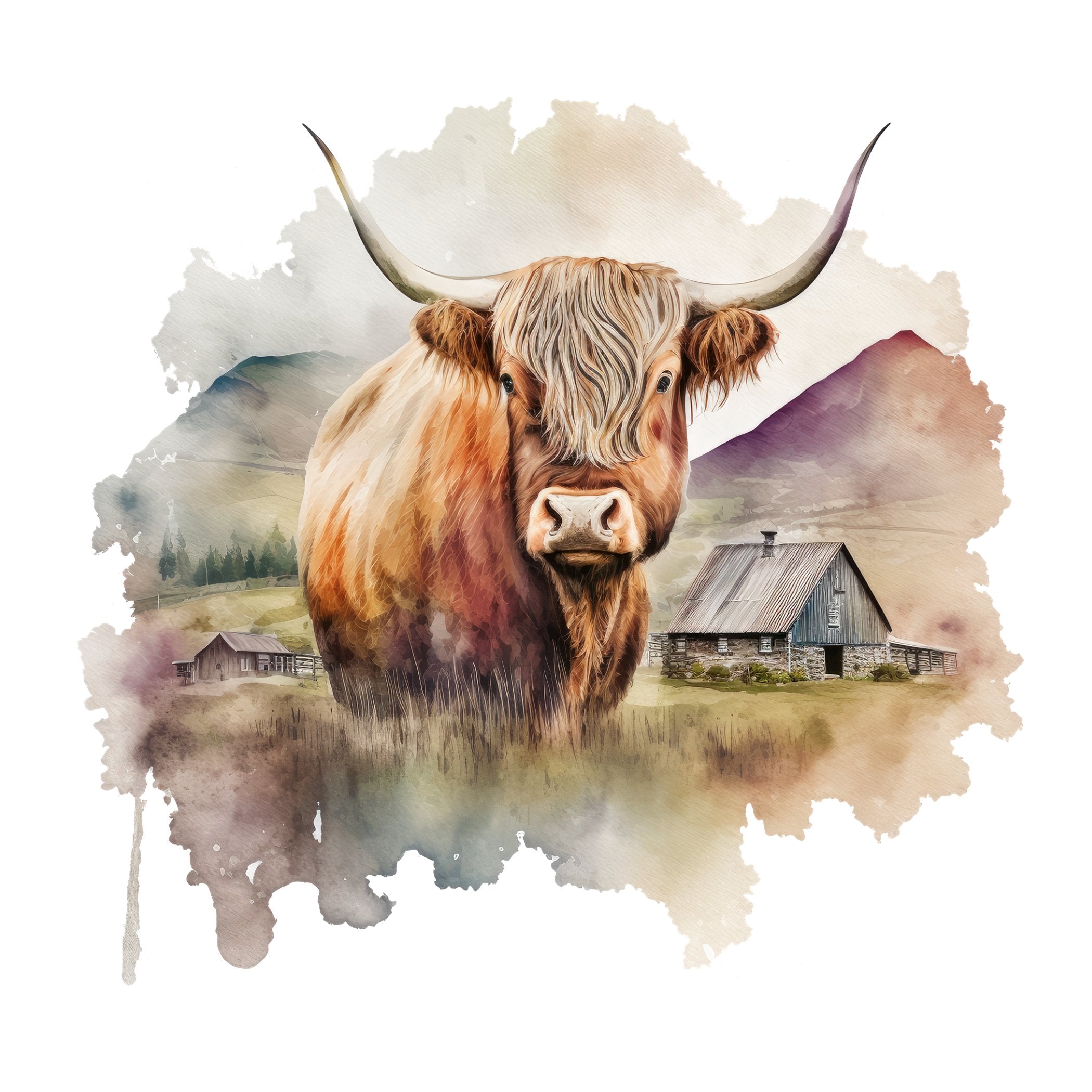 Watercolor Highland Cow Scene #16 Fabric Panel
