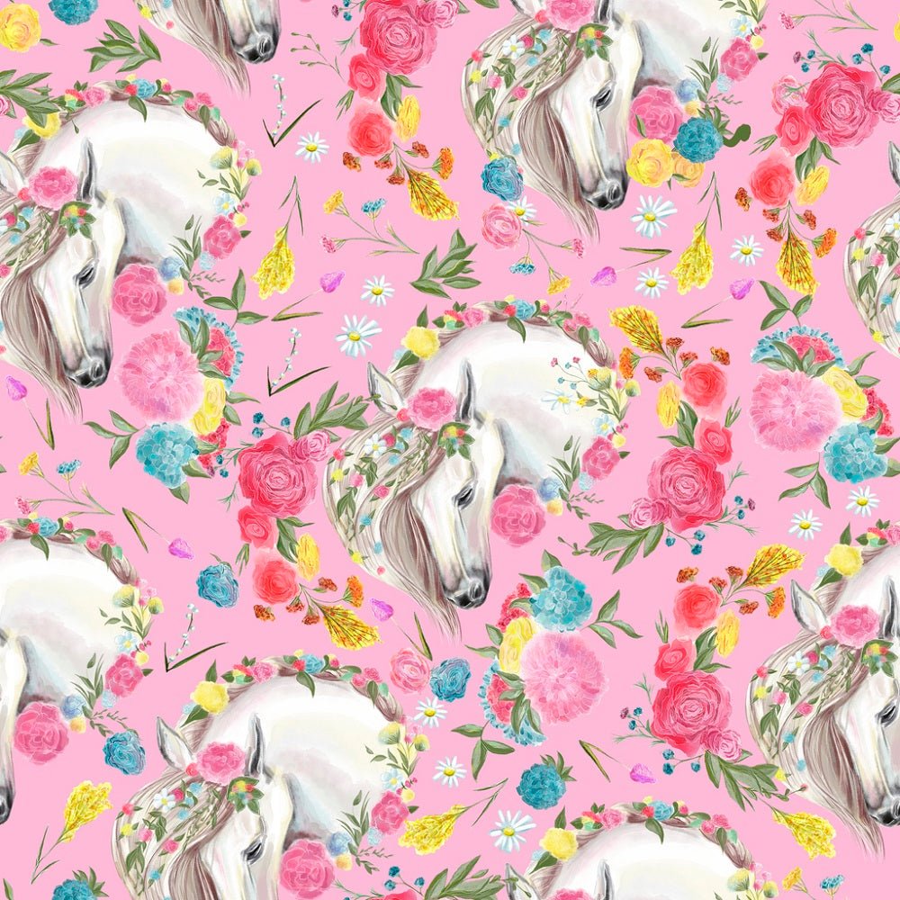 Vintage Floral Horses Pattern #3 Fabric - Pink