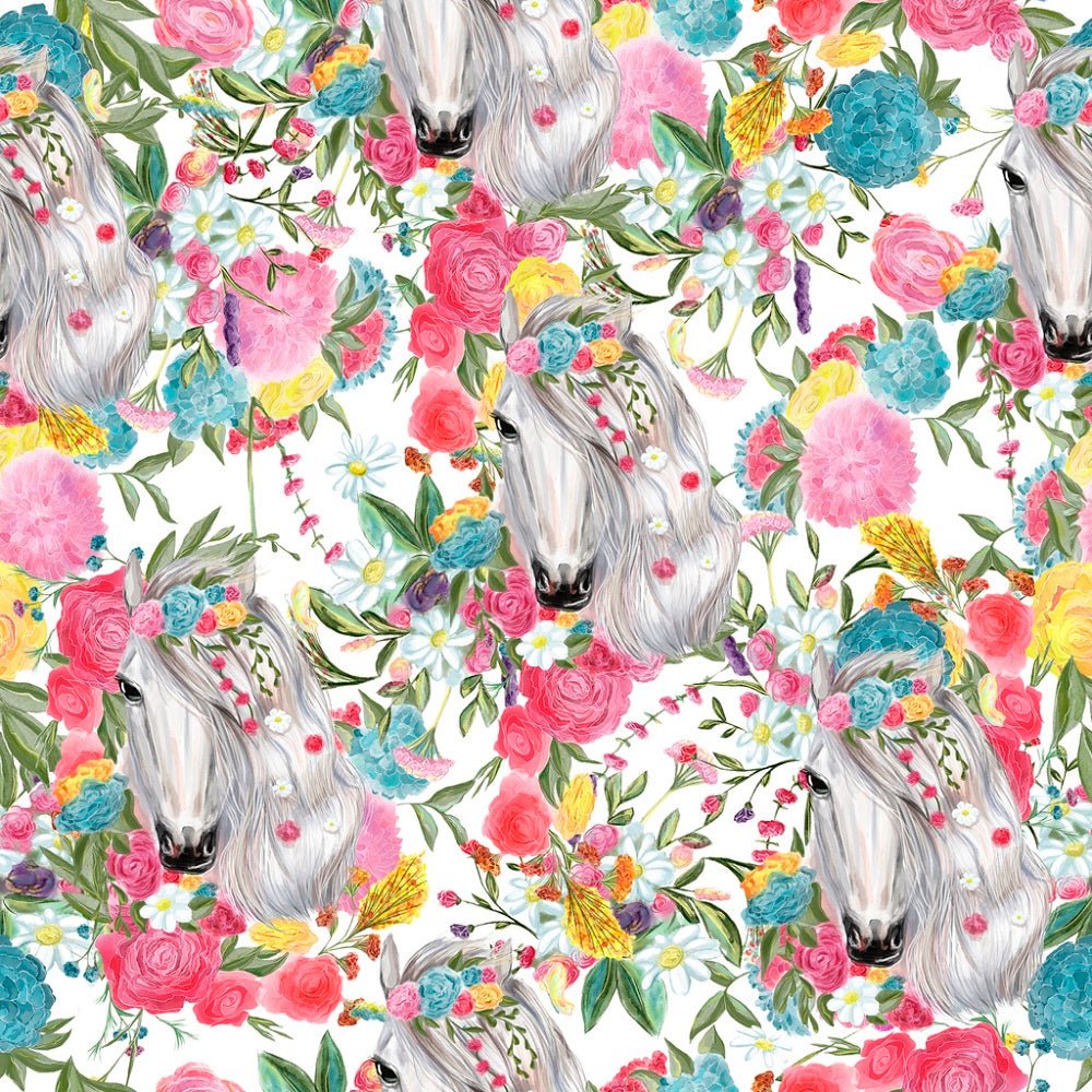 Vintage Floral Horses Pattern #4 Fabric - White